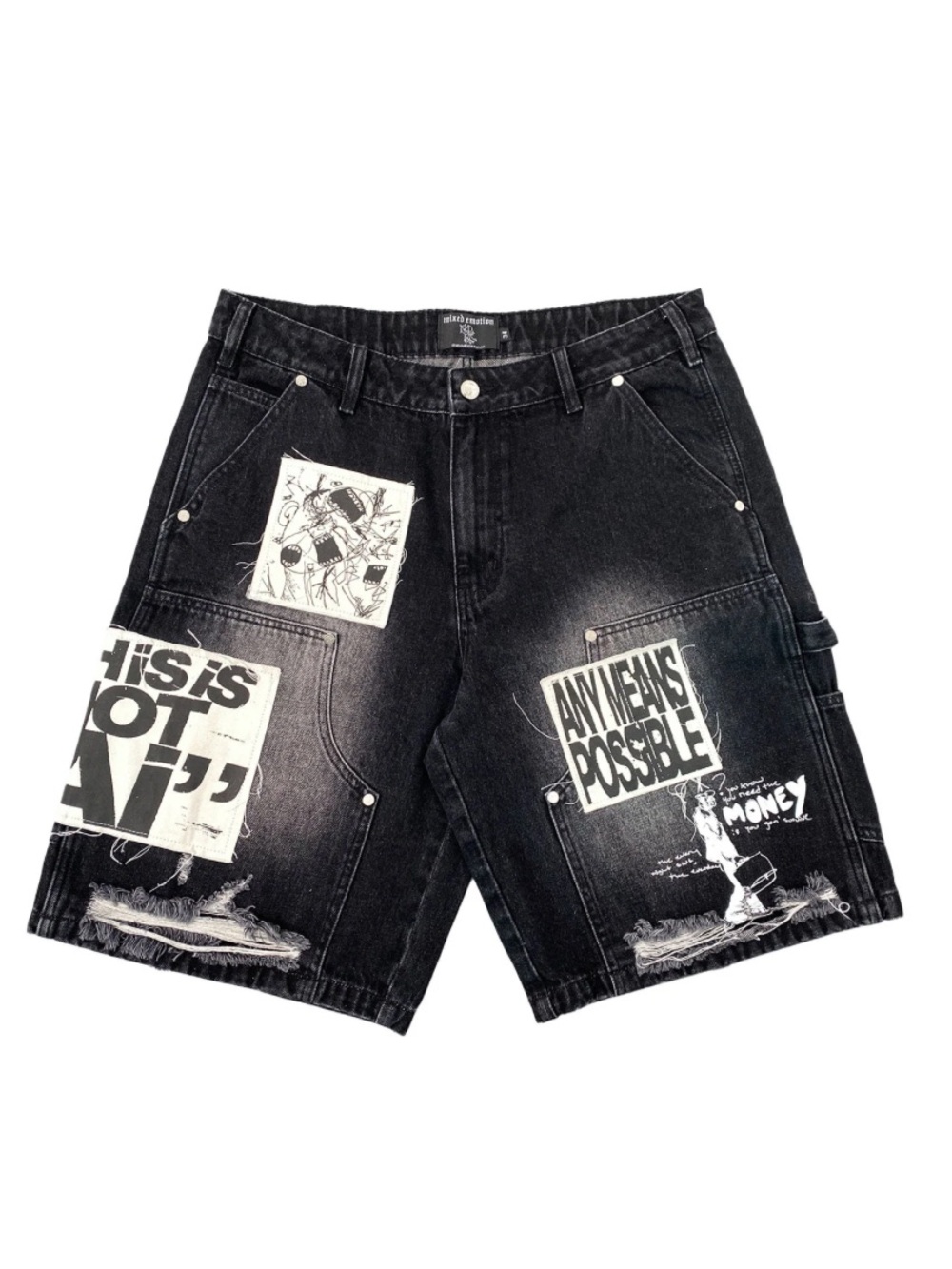 Mixed emotion Black Patchwork Graphic Jean Shorts for Men size 36